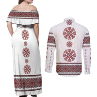Ukraine Vyshyvanka Inspired Patterns Couples Matching Off Shoulder Maxi Dress and Long Sleeve Button Shirt White