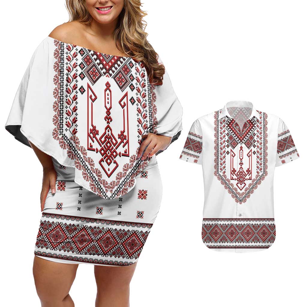 Ukraine Vyshyvanka Inspired Patterns Couples Matching Off Shoulder Short Dress and Hawaiian Shirt White