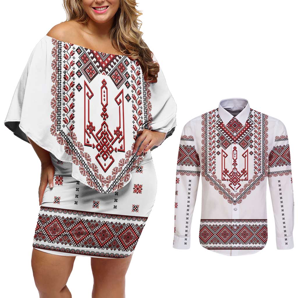 Ukraine Vyshyvanka Inspired Patterns Couples Matching Off Shoulder Short Dress and Long Sleeve Button Shirt White