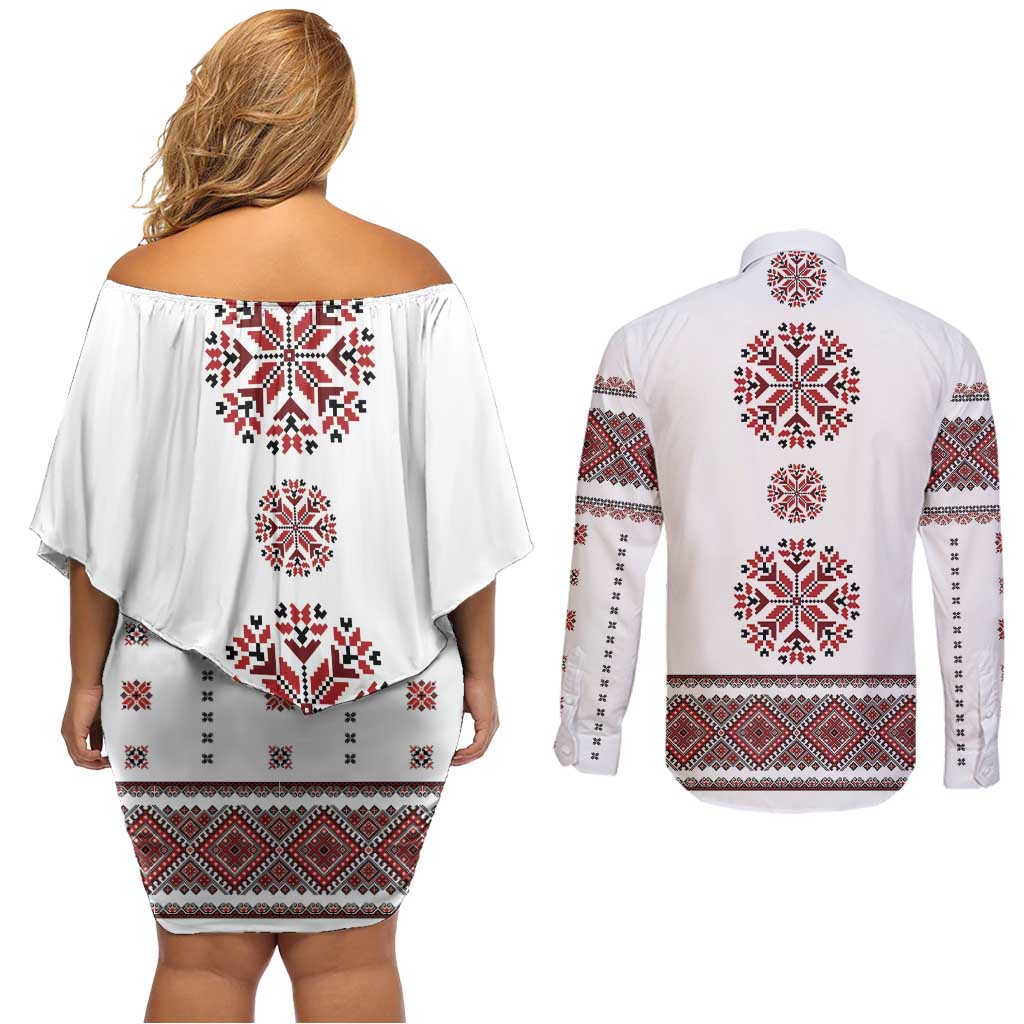 Ukraine Vyshyvanka Inspired Patterns Couples Matching Off Shoulder Short Dress and Long Sleeve Button Shirt White