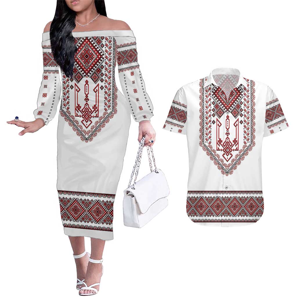 Ukraine Vyshyvanka Inspired Patterns Couples Matching Off The Shoulder Long Sleeve Dress and Hawaiian Shirt White