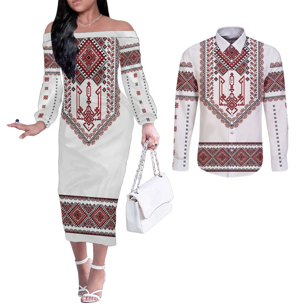 Ukraine Vyshyvanka Inspired Patterns Couples Matching Off The Shoulder Long Sleeve Dress and Long Sleeve Button Shirt White