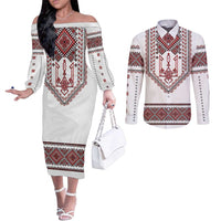 Ukraine Vyshyvanka Inspired Patterns Couples Matching Off The Shoulder Long Sleeve Dress and Long Sleeve Button Shirt White