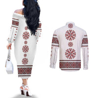 Ukraine Vyshyvanka Inspired Patterns Couples Matching Off The Shoulder Long Sleeve Dress and Long Sleeve Button Shirt White