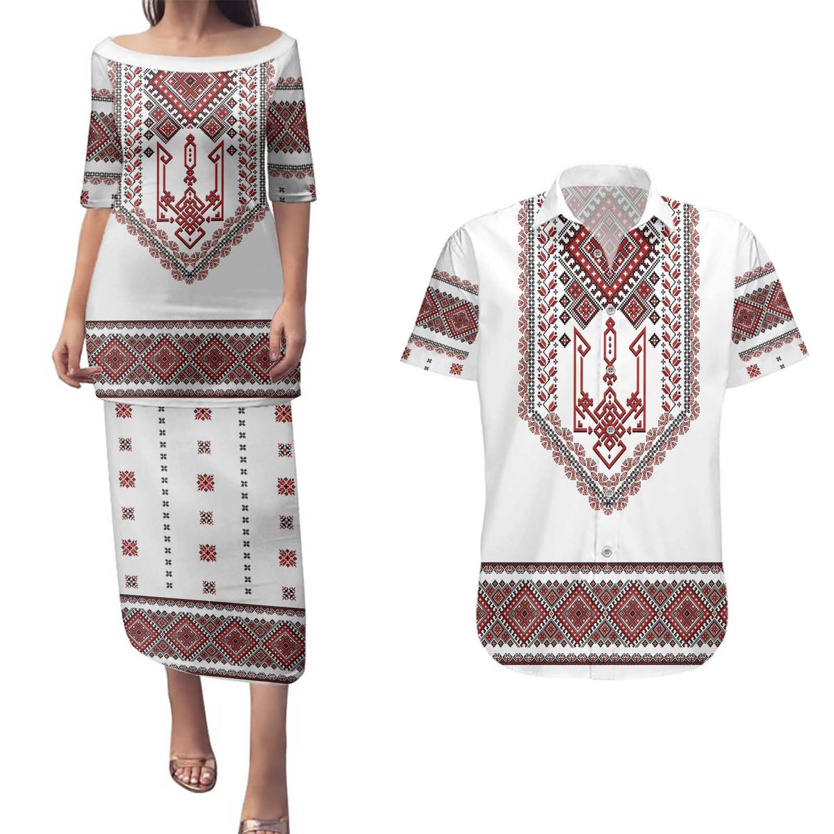 Ukraine Vyshyvanka Inspired Patterns Couples Matching Puletasi and Hawaiian Shirt White