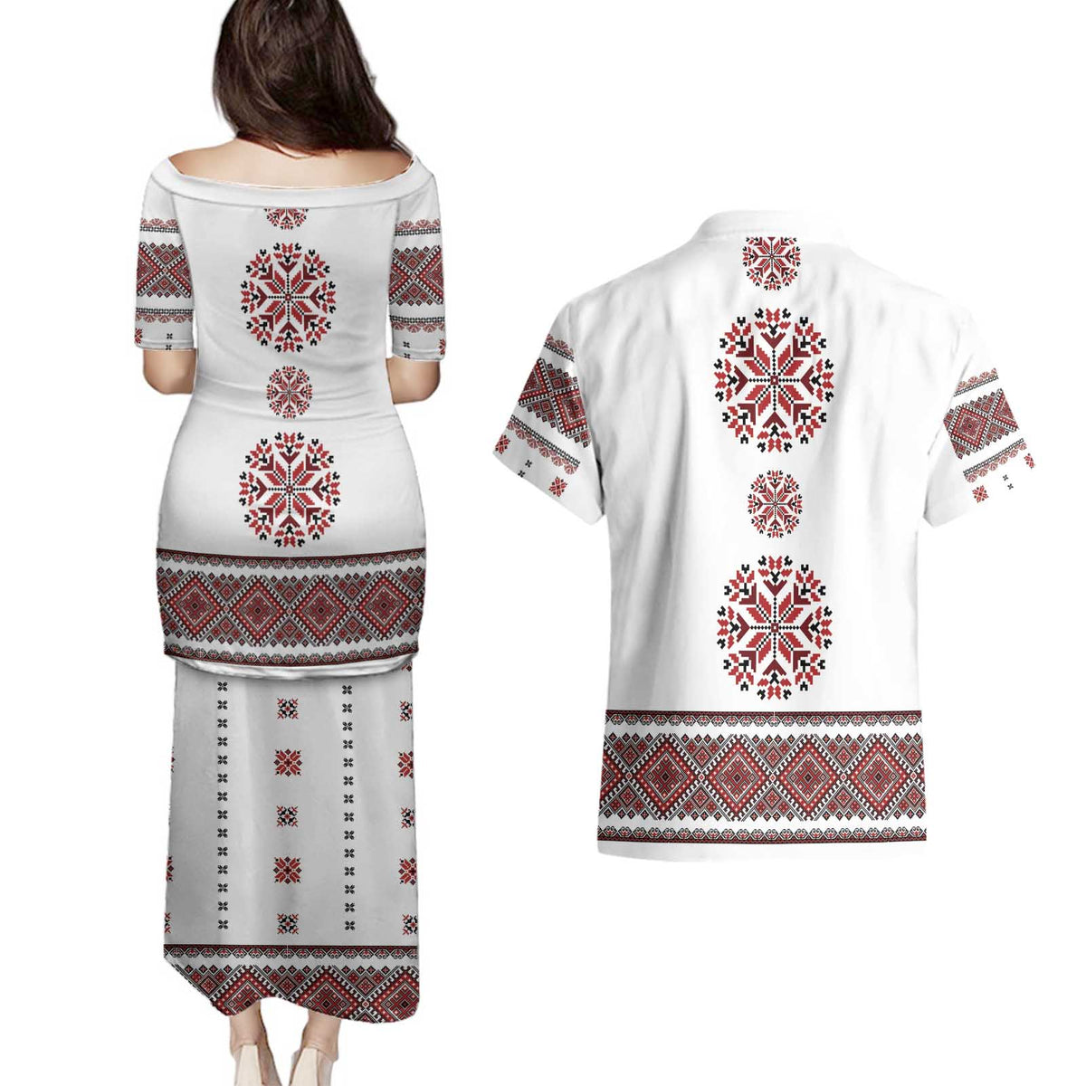 Ukraine Vyshyvanka Inspired Patterns Couples Matching Puletasi and Hawaiian Shirt White