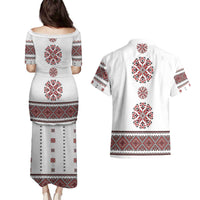 Ukraine Vyshyvanka Inspired Patterns Couples Matching Puletasi and Hawaiian Shirt White