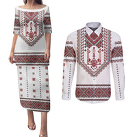 Ukraine Vyshyvanka Inspired Patterns Couples Matching Puletasi and Long Sleeve Button Shirt White