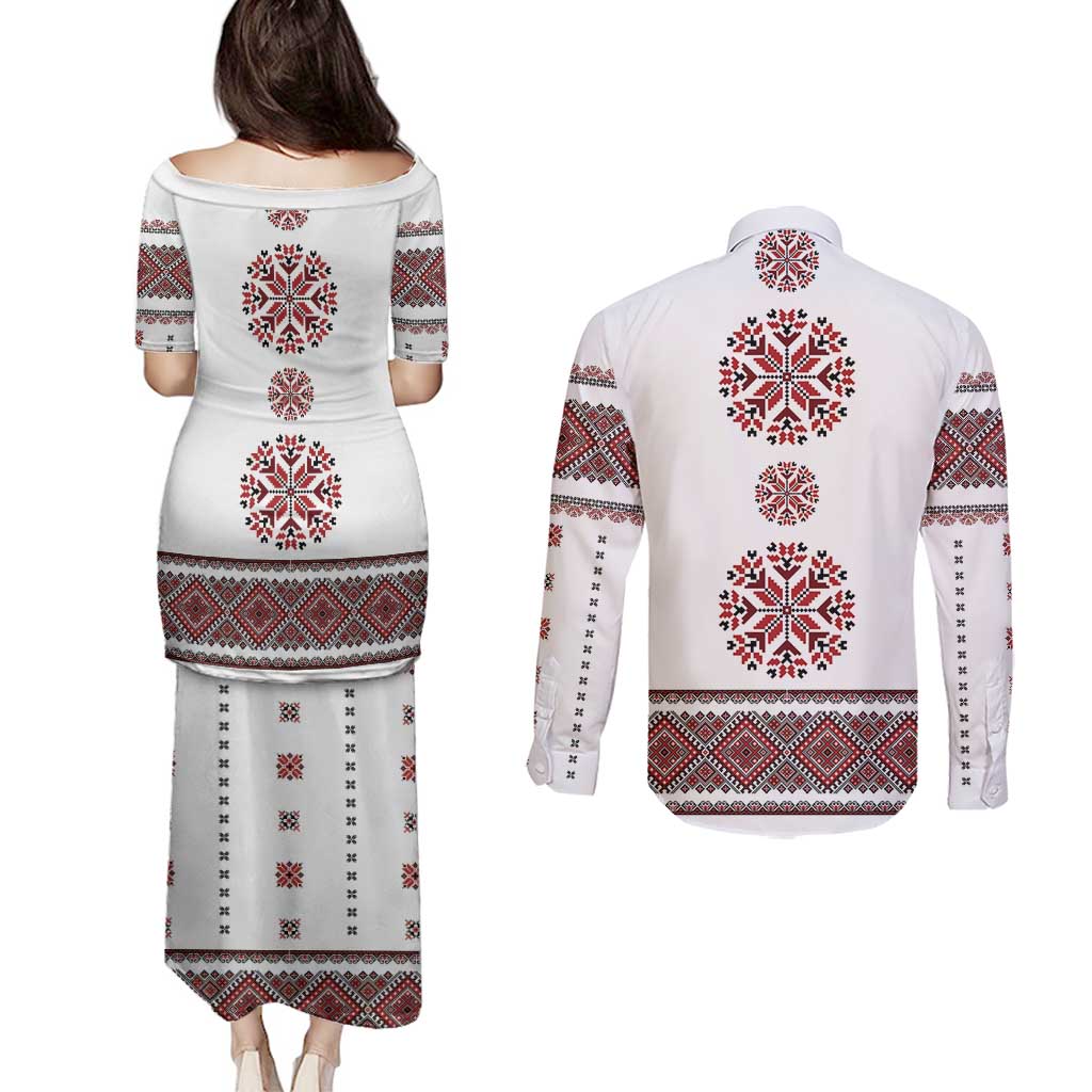 Ukraine Vyshyvanka Inspired Patterns Couples Matching Puletasi and Long Sleeve Button Shirt White