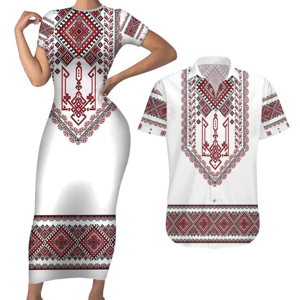 Ukraine Vyshyvanka Inspired Patterns Couples Matching Short Sleeve Bodycon Dress and Hawaiian Shirt White