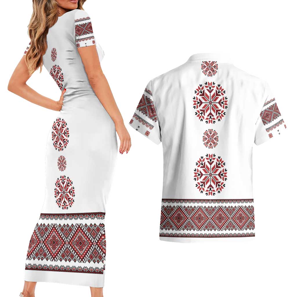 Ukraine Vyshyvanka Inspired Patterns Couples Matching Short Sleeve Bodycon Dress and Hawaiian Shirt White