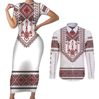 Ukraine Vyshyvanka Inspired Patterns Couples Matching Short Sleeve Bodycon Dress and Long Sleeve Button Shirt White
