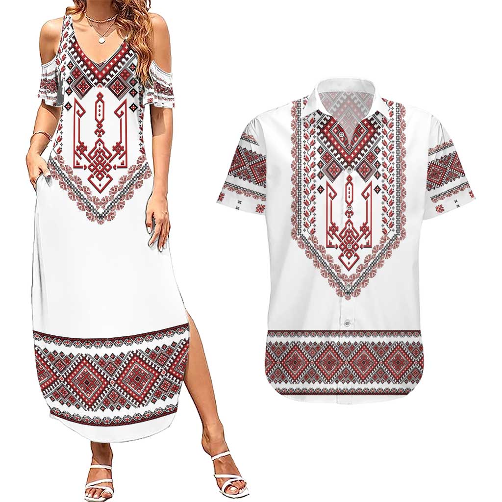Ukraine Vyshyvanka Inspired Patterns Couples Matching Summer Maxi Dress and Hawaiian Shirt White