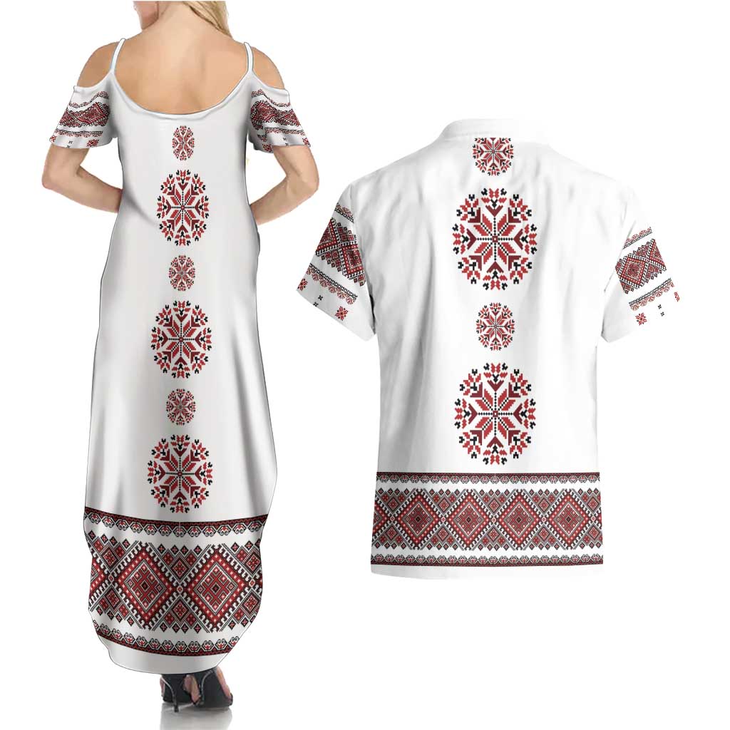 Ukraine Vyshyvanka Inspired Patterns Couples Matching Summer Maxi Dress and Hawaiian Shirt White