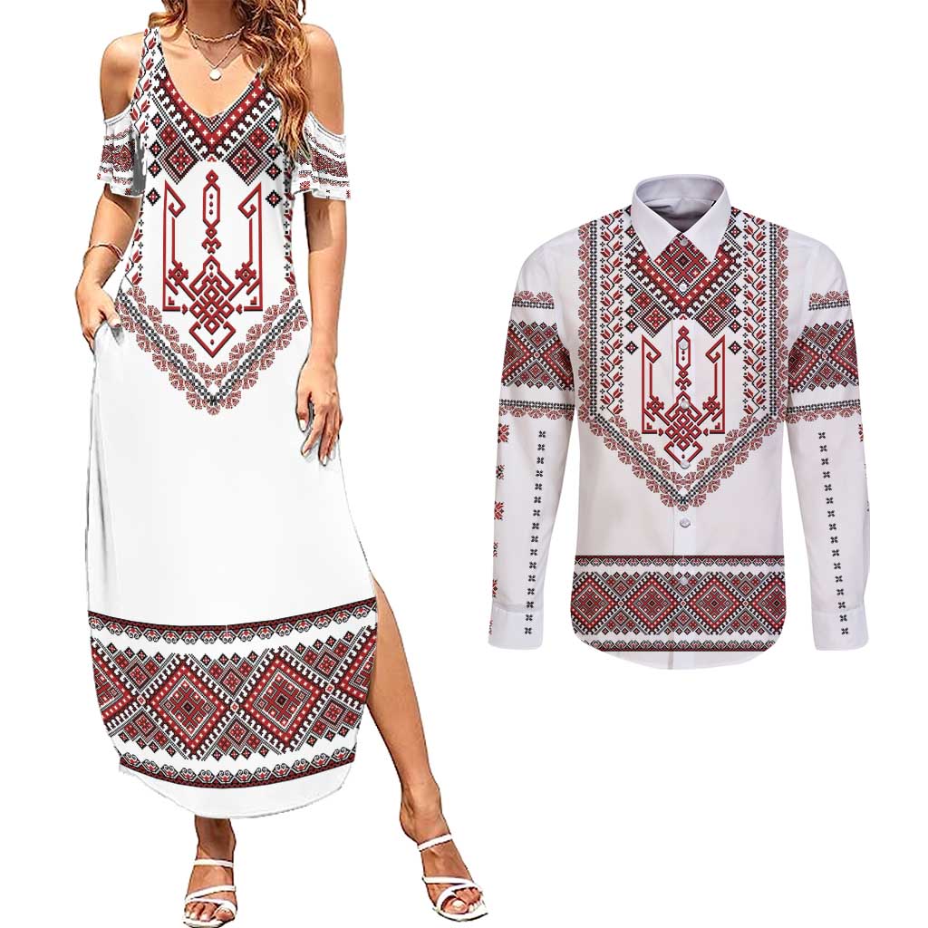 Ukraine Vyshyvanka Inspired Patterns Couples Matching Summer Maxi Dress and Long Sleeve Button Shirt White