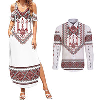 Ukraine Vyshyvanka Inspired Patterns Couples Matching Summer Maxi Dress and Long Sleeve Button Shirt White
