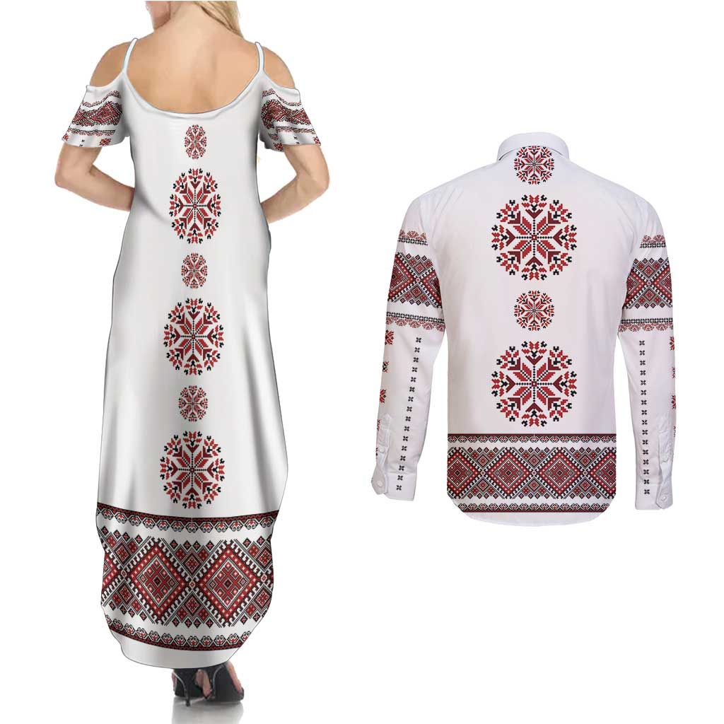 Ukraine Vyshyvanka Inspired Patterns Couples Matching Summer Maxi Dress and Long Sleeve Button Shirt White