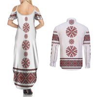 Ukraine Vyshyvanka Inspired Patterns Couples Matching Summer Maxi Dress and Long Sleeve Button Shirt White