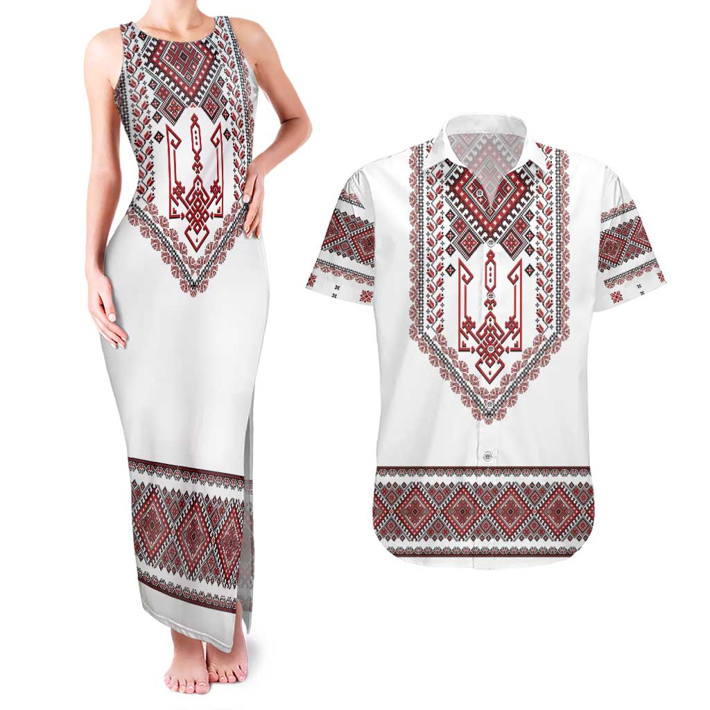 Ukraine Vyshyvanka Inspired Patterns Couples Matching Tank Maxi Dress and Hawaiian Shirt White
