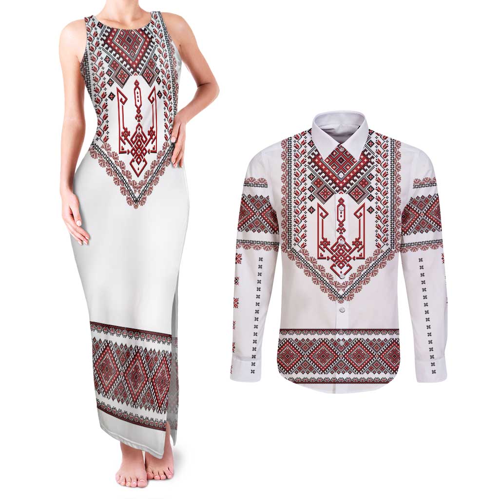 Ukraine Vyshyvanka Inspired Patterns Couples Matching Tank Maxi Dress and Long Sleeve Button Shirt White