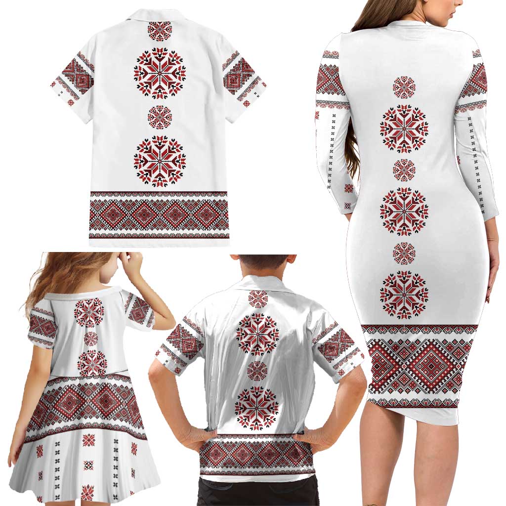 Ukraine Vyshyvanka Inspired Patterns Family Matching Long Sleeve Bodycon Dress and Hawaiian Shirt White
