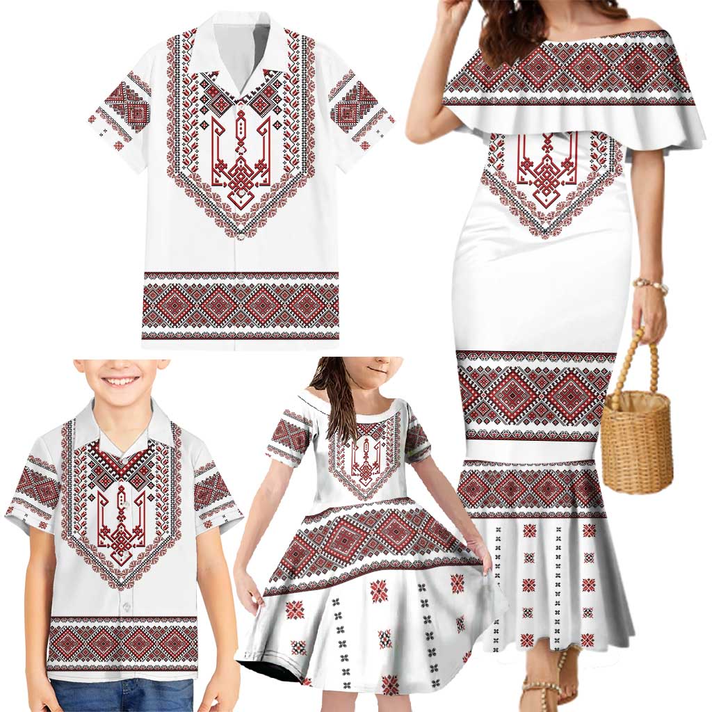 Ukraine Vyshyvanka Inspired Patterns Family Matching Mermaid Dress and Hawaiian Shirt White