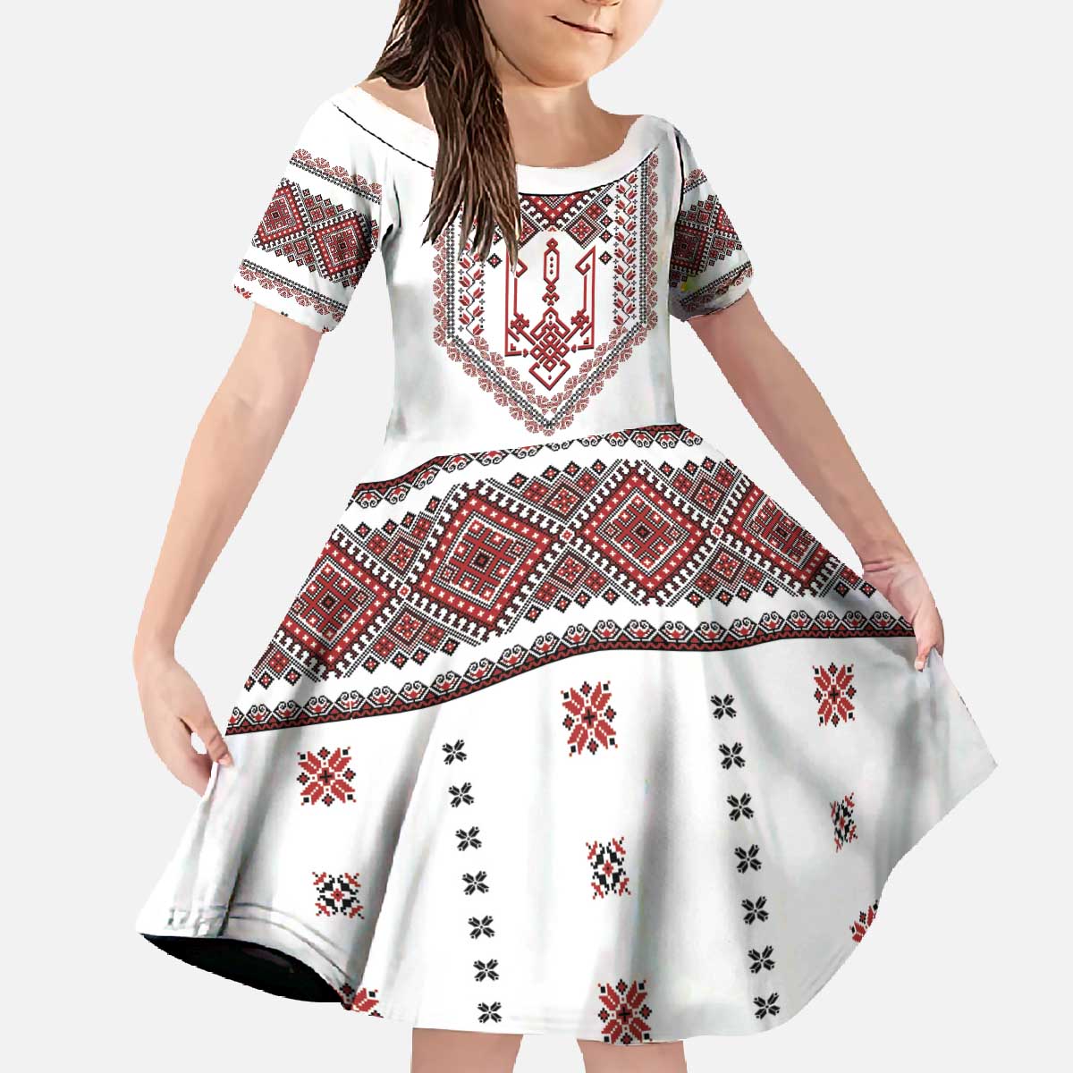 Ukraine Vyshyvanka Inspired Patterns Family Matching Off The Shoulder Long Sleeve Dress and Hawaiian Shirt White