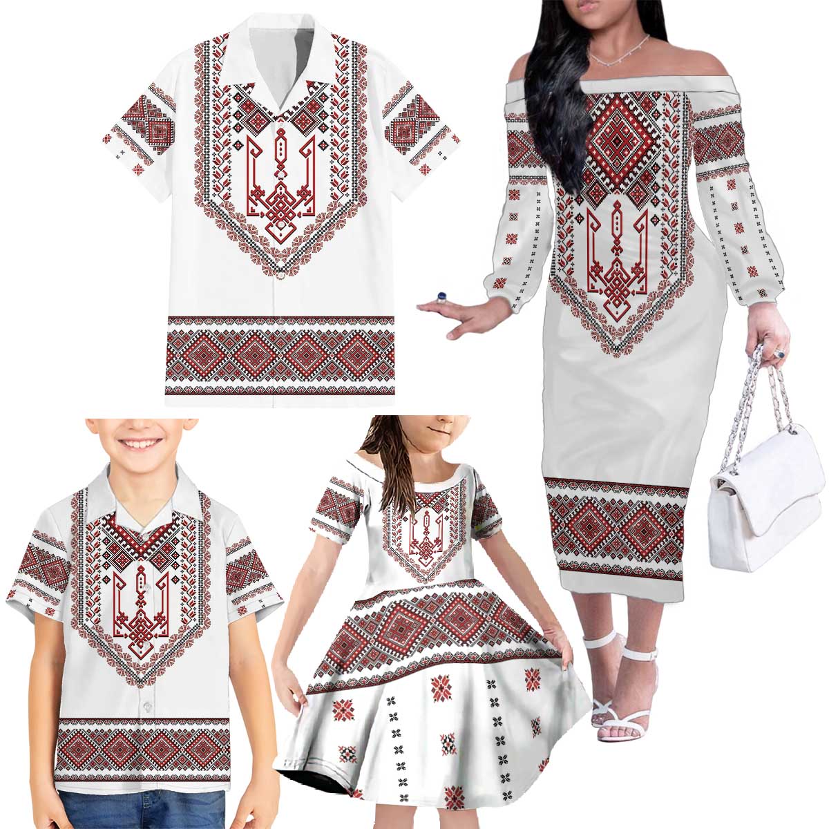Ukraine Vyshyvanka Inspired Patterns Family Matching Off The Shoulder Long Sleeve Dress and Hawaiian Shirt White