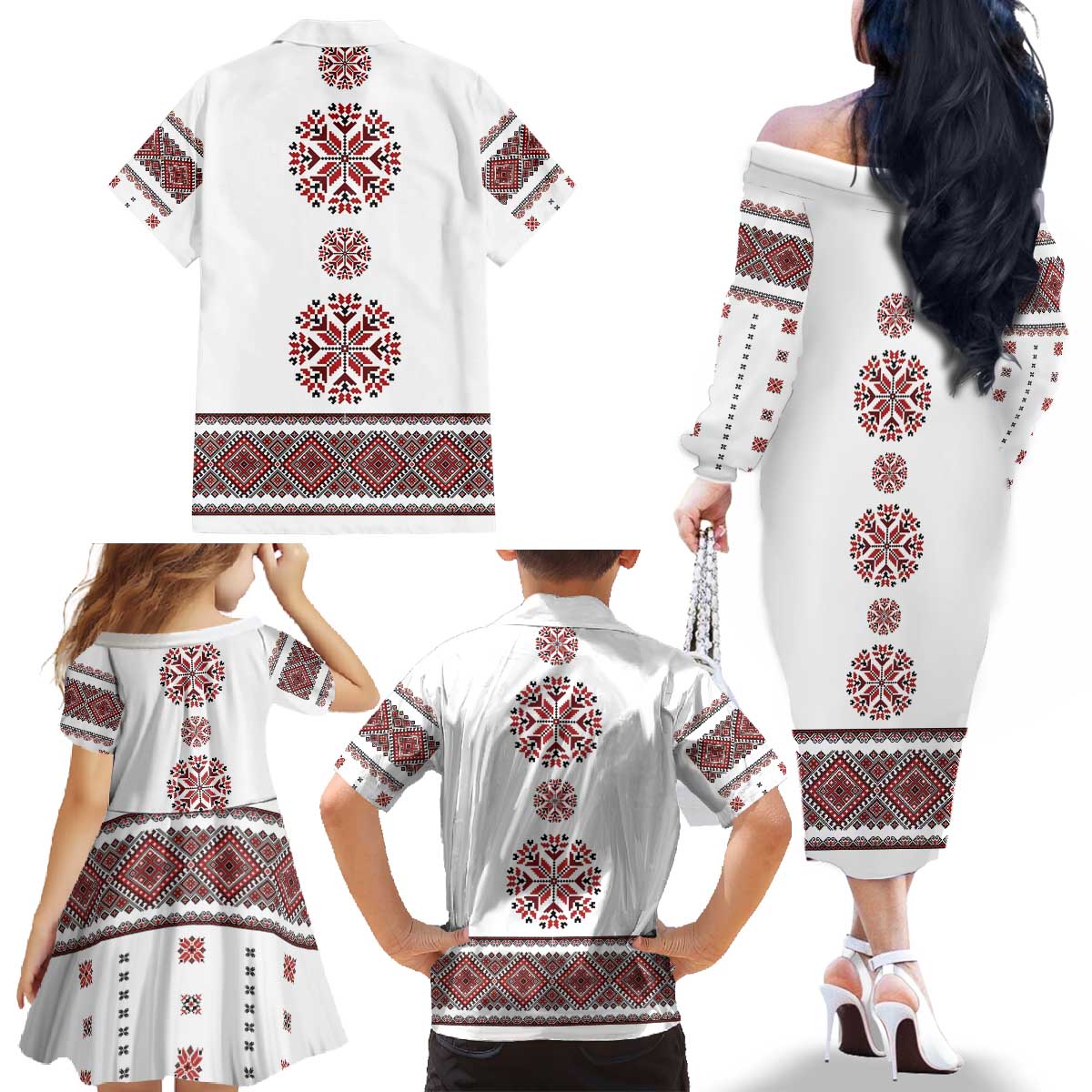 Ukraine Vyshyvanka Inspired Patterns Family Matching Off The Shoulder Long Sleeve Dress and Hawaiian Shirt White