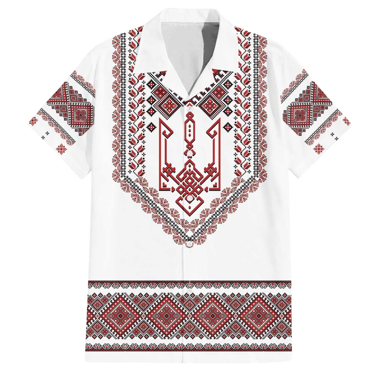 Ukraine Vyshyvanka Inspired Patterns Family Matching Off The Shoulder Long Sleeve Dress and Hawaiian Shirt White