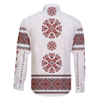 Ukraine Vyshyvanka Inspired Patterns Family Matching Off The Shoulder Long Sleeve Dress and Hawaiian Shirt White