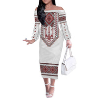 Ukraine Vyshyvanka Inspired Patterns Family Matching Off The Shoulder Long Sleeve Dress and Hawaiian Shirt White