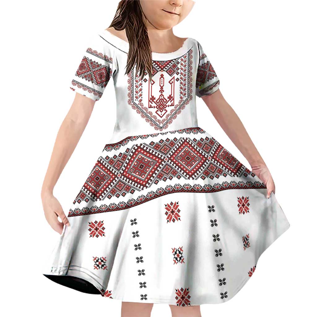 Ukraine Vyshyvanka Inspired Patterns Family Matching Off Shoulder Short Dress and Hawaiian Shirt White