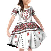 Ukraine Vyshyvanka Inspired Patterns Family Matching Off Shoulder Short Dress and Hawaiian Shirt White