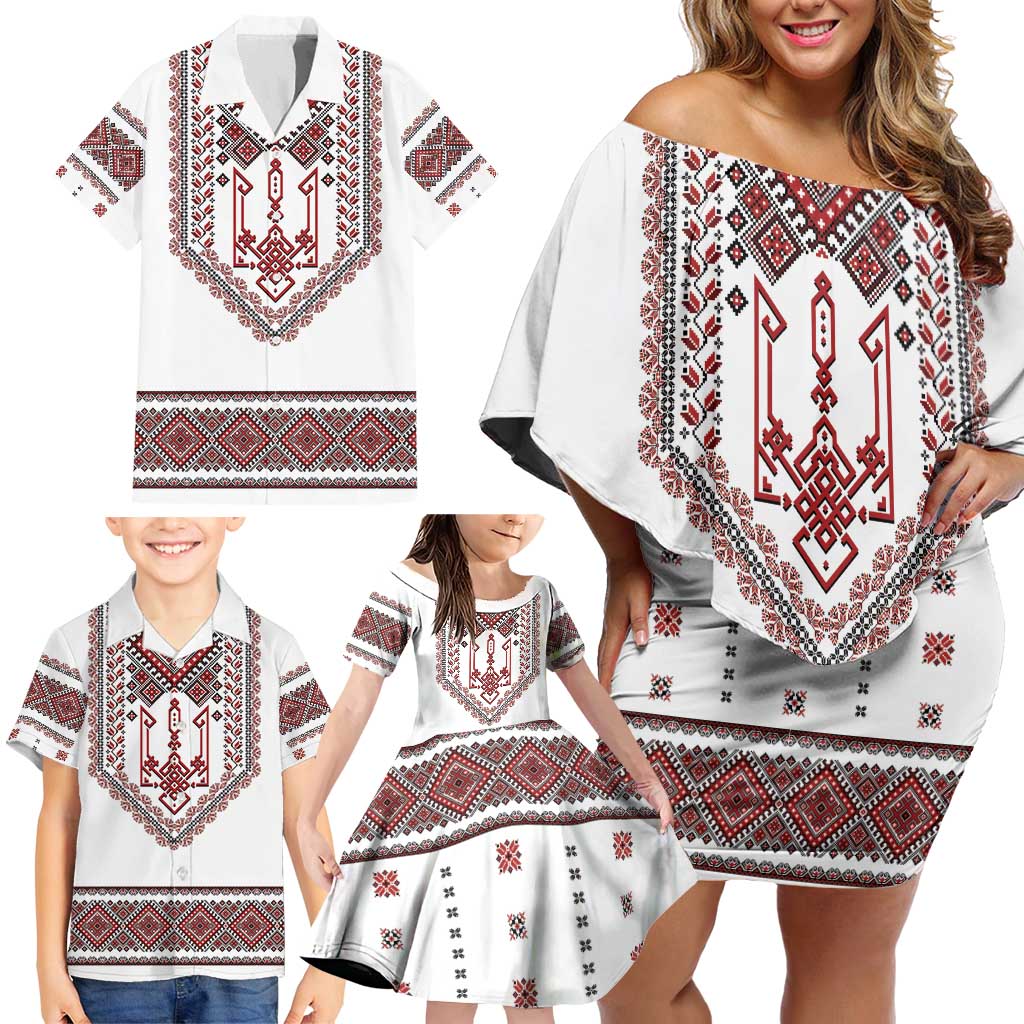 Ukraine Vyshyvanka Inspired Patterns Family Matching Off Shoulder Short Dress and Hawaiian Shirt White