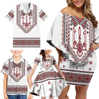 Ukraine Vyshyvanka Inspired Patterns Family Matching Off Shoulder Short Dress and Hawaiian Shirt White