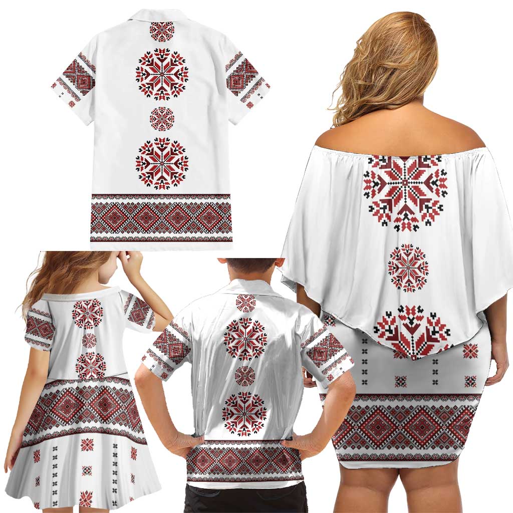 Ukraine Vyshyvanka Inspired Patterns Family Matching Off Shoulder Short Dress and Hawaiian Shirt White