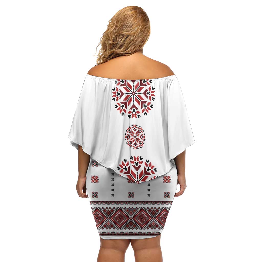 Ukraine Vyshyvanka Inspired Patterns Family Matching Off Shoulder Short Dress and Hawaiian Shirt White