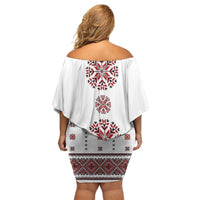 Ukraine Vyshyvanka Inspired Patterns Family Matching Off Shoulder Short Dress and Hawaiian Shirt White