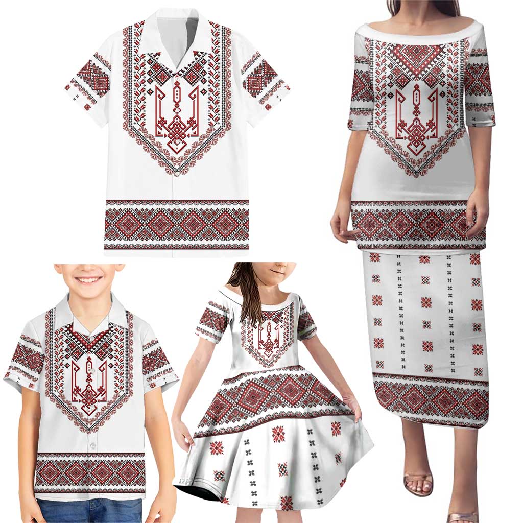 Ukraine Vyshyvanka Inspired Patterns Family Matching Puletasi and Hawaiian Shirt White