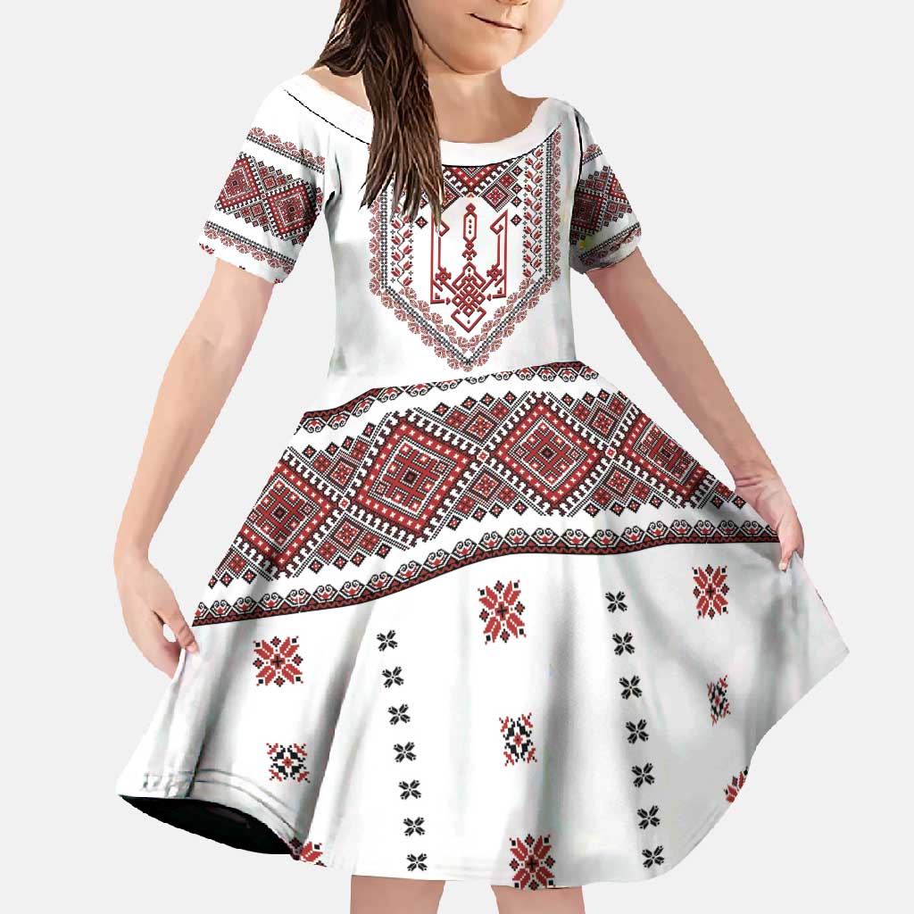 Ukraine Vyshyvanka Inspired Patterns Family Matching Short Sleeve Bodycon Dress and Hawaiian Shirt White