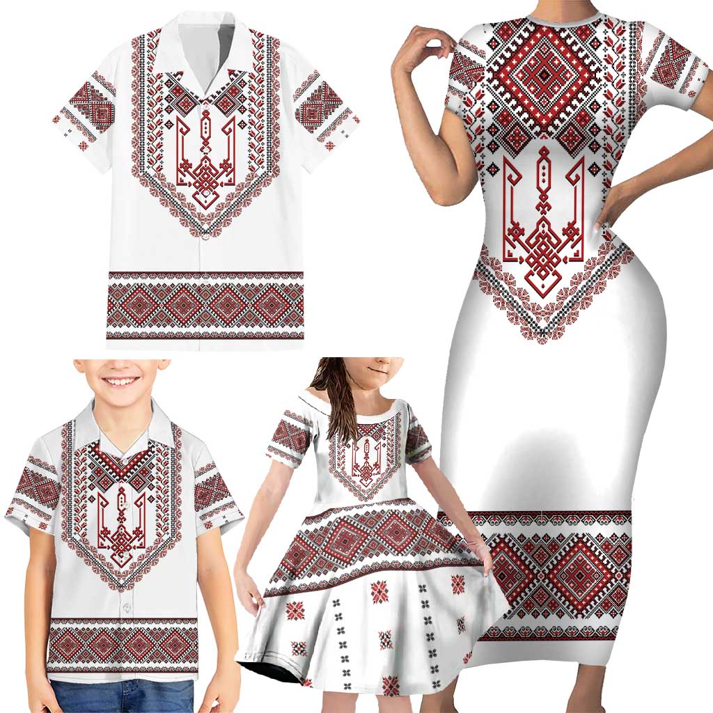 Ukraine Vyshyvanka Inspired Patterns Family Matching Short Sleeve Bodycon Dress and Hawaiian Shirt White