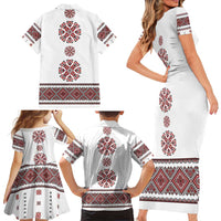 Ukraine Vyshyvanka Inspired Patterns Family Matching Short Sleeve Bodycon Dress and Hawaiian Shirt White