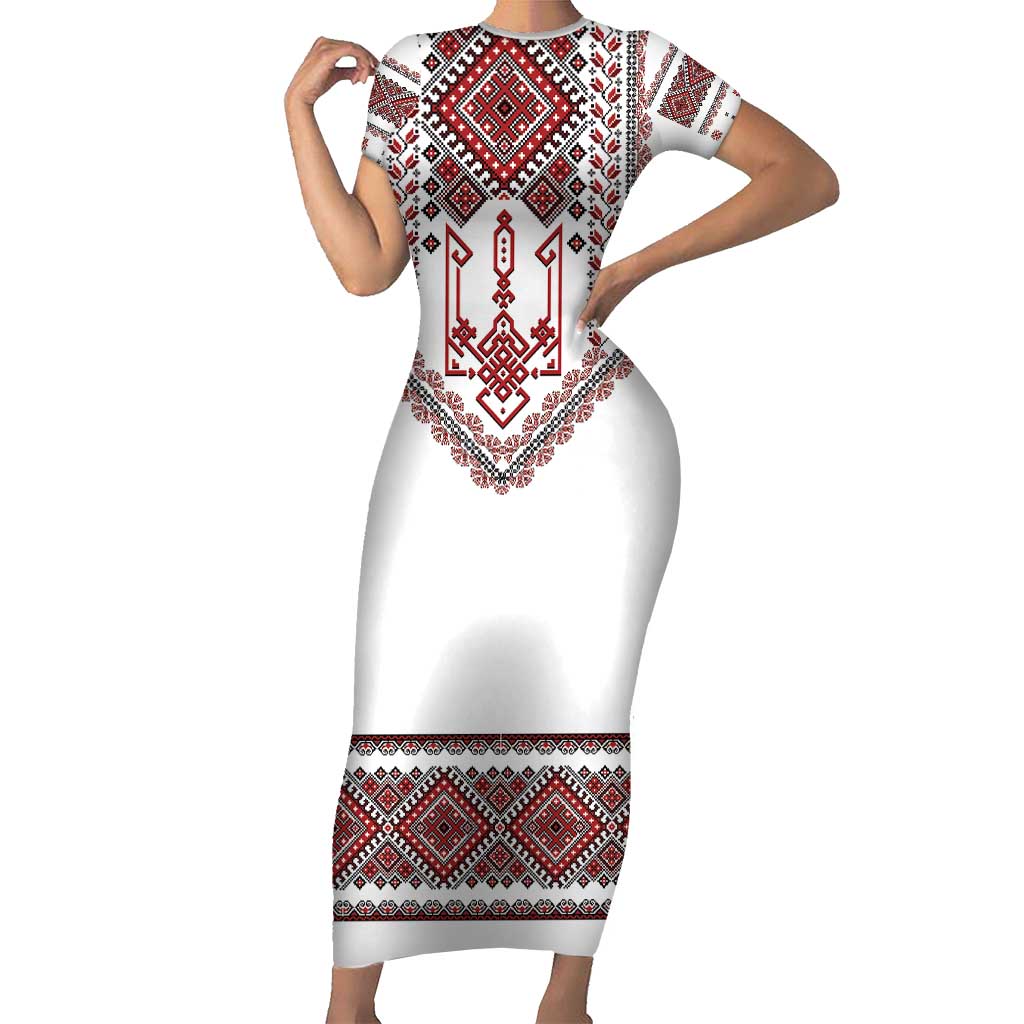 Ukraine Vyshyvanka Inspired Patterns Family Matching Short Sleeve Bodycon Dress and Hawaiian Shirt White