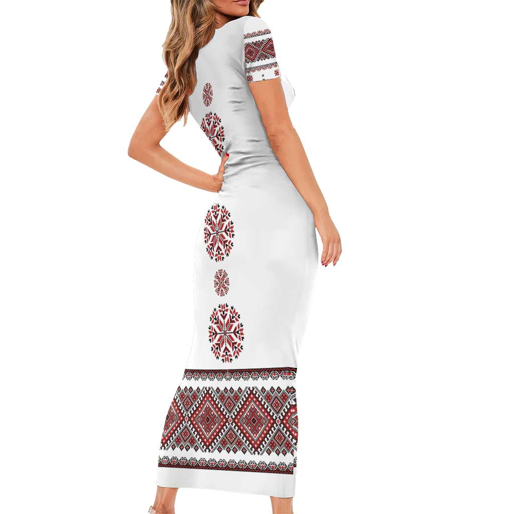 Ukraine Vyshyvanka Inspired Patterns Family Matching Short Sleeve Bodycon Dress and Hawaiian Shirt White