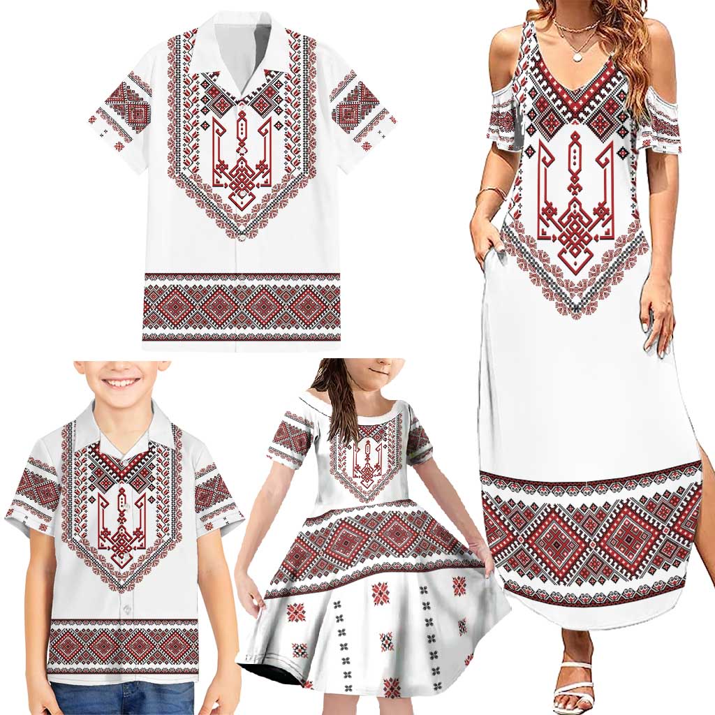 Ukraine Vyshyvanka Inspired Patterns Family Matching Summer Maxi Dress and Hawaiian Shirt White