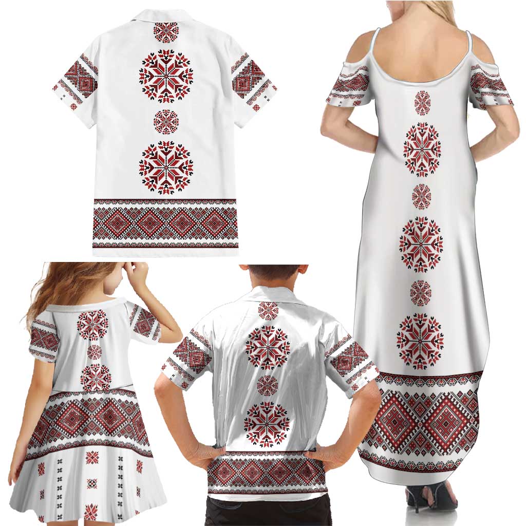 Ukraine Vyshyvanka Inspired Patterns Family Matching Summer Maxi Dress and Hawaiian Shirt White