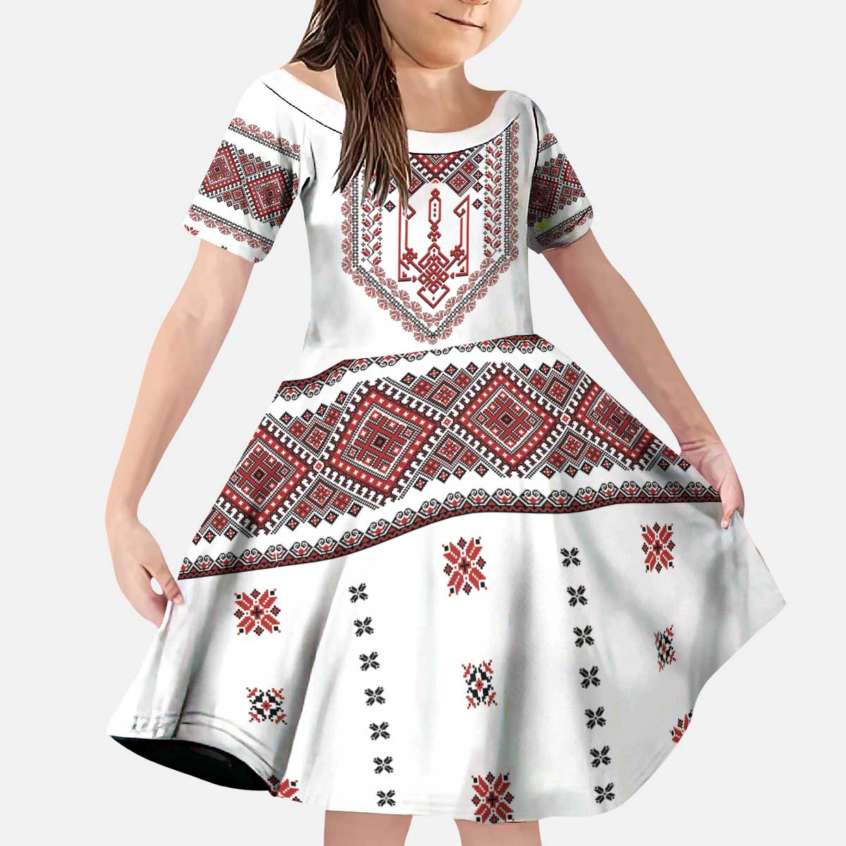 Ukraine Vyshyvanka Inspired Patterns Kid Short Sleeve Dress White