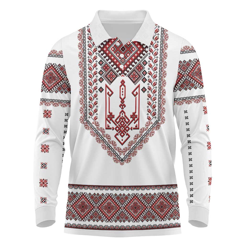 Ukraine Vyshyvanka Inspired Patterns Long Sleeve Polo Shirt White