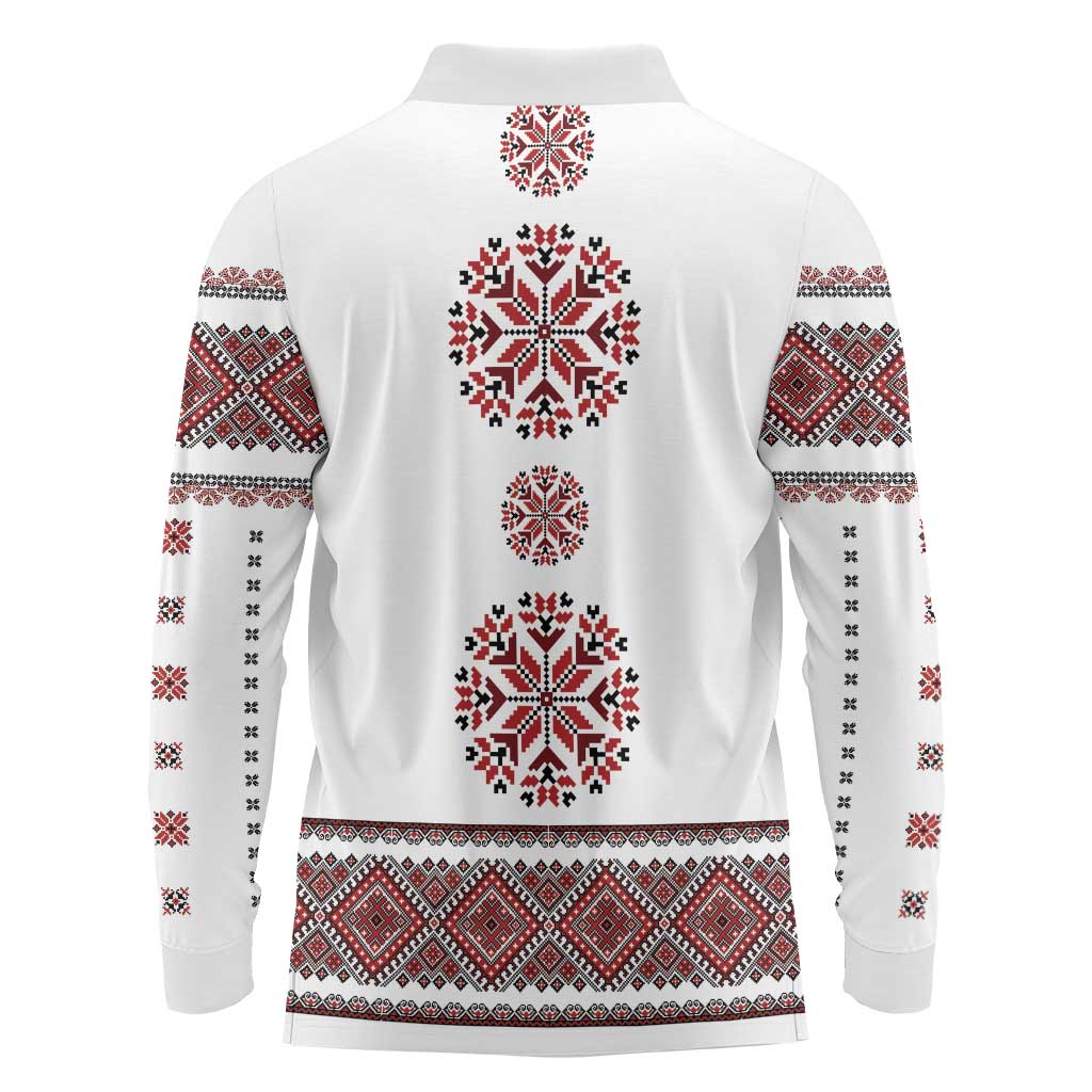 Ukraine Vyshyvanka Inspired Patterns Long Sleeve Polo Shirt White